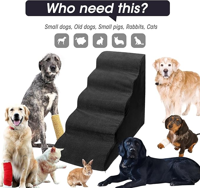 Dog Stairs&Steps for High Beds Up to 28'', 5-Step Dog Ramp for Small Medium Dogs with Washable Cover, Pet Steps for Cats to Get on Couch and Sofa, Durable Foam Ladders, 24.4" Tall, Black