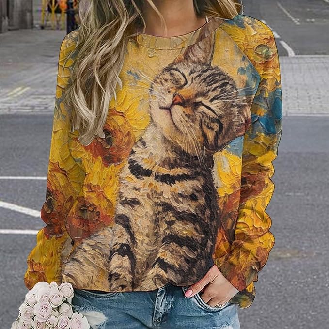 Long Sleeve Shirts for Women Cat Oil Painting Shirt 3D Graphic Sweatshirts Fall Pullover Crewneck Vintage Boho Tops