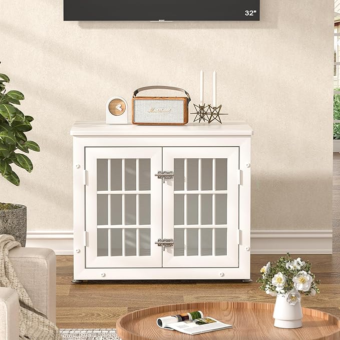 26" Heavy Duty Dog Crate Furniture for Small Dogs, Metal Kennel for High Anxiety Dogs, Chew Proof Pet Cage Indoor, Decorative Kennel End Table, White