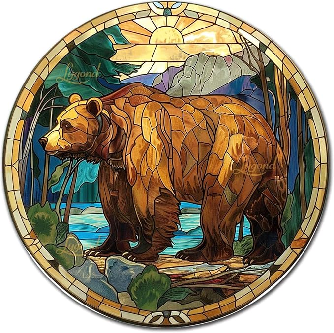 Lygond Metal Sign Tin Sign Circular Stained Glass Bear Garden Tin Signs for Bar 8×8 Inches