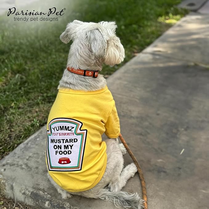 Parisian Pet Dog Shirt - Embroidered “Mustard on My Food“ - 100% Cotton and Polyester Dog Clothes - Sleeved, Lightweight Costume for Dogs - Yellow Dog Shirts for Large Dogs - Pet Costumes - L