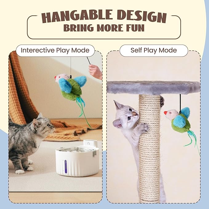 Flapping Bird Cat Toy, Interactive Catnip Kitten Toy with Lifelike Chirping, Rechargeable & Touch Activated for Bored Indoor Adult Cats of All Breeds, Green
