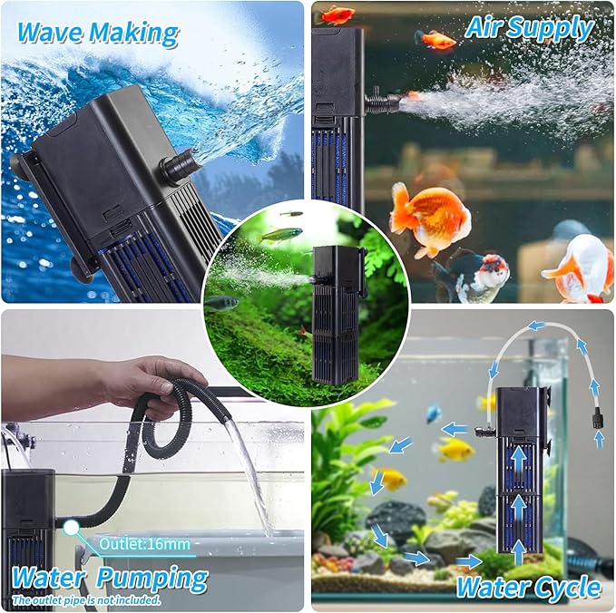Aquarium Filter Water Flow Adjustable for 20-75 Gallon Fish Turtle Tank 264GPH 4in1 Biochemical Filtration Powerful Submersible Internal Pumps & Filters Keep Freshwater Saltwater Crystal Clear Small