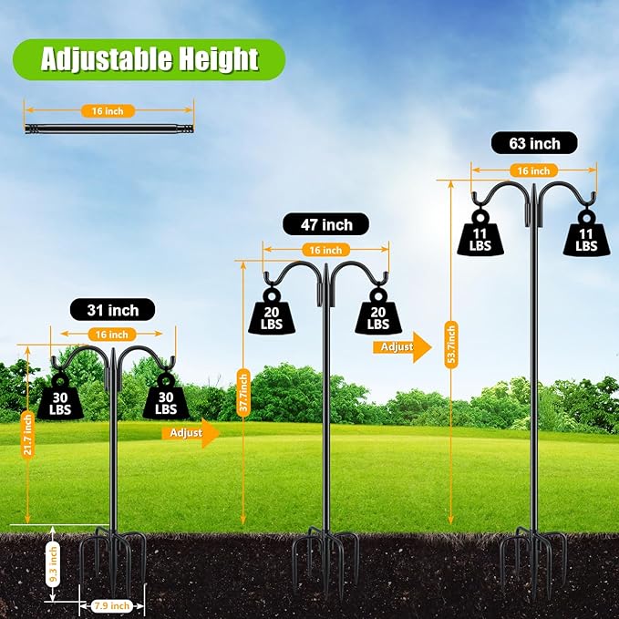 Gtongoko Double Shepherds Hook for Outdoor, 63 Inch Heavy Duty Bird Feeder Pole 5/8 Inch Thick Garden Hooks for Hanging Hummingbird Feeder, Plant Baskets, Solar Light Lanterns, 1 Pack