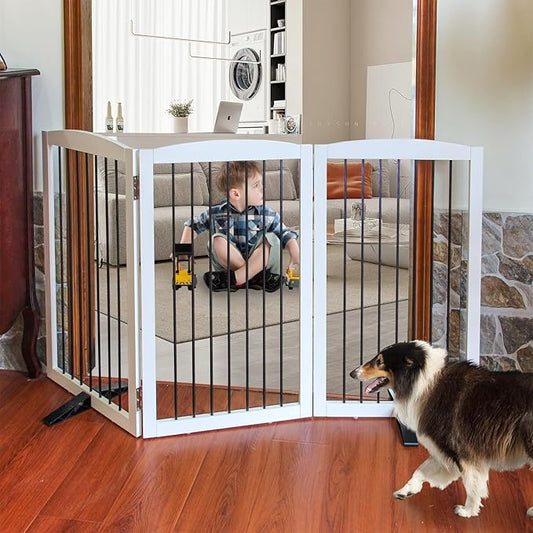 ZJSF Freestanding Panel Dog Gate for Indoor, Doorways,Stairs, or Hallways,Foldable Wooden White Dog Gates for House,Pet Gate for Dogs,Dog Fence, Puppy Gate,Support Feet Included,32 "Height-3 Panels