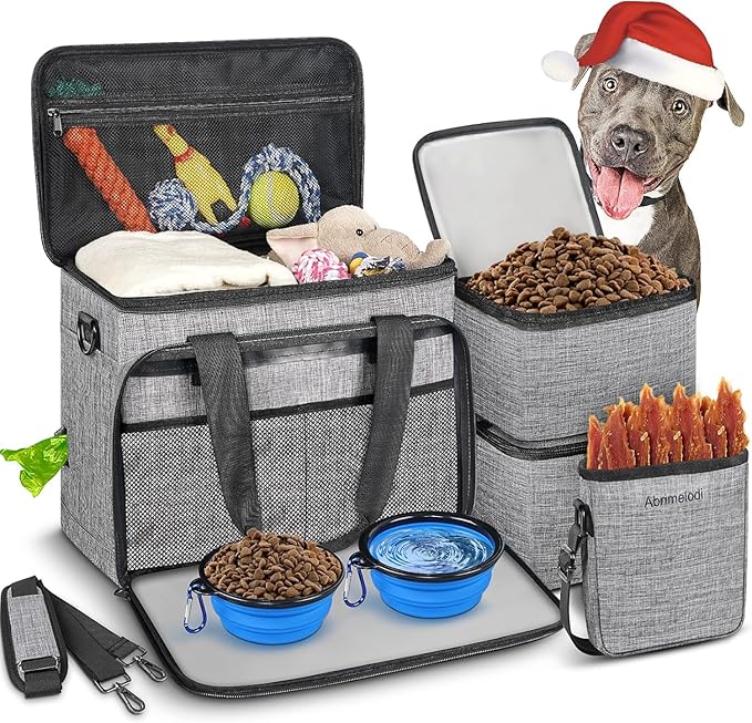 6 Set Dog Travel Bag, Large Pet Travel Kit for Supplies Includes 2 Food Containers, 1 Pet Organizer for Dogs, 2 Collapsible Bowls, 1 Treat Pouch, Dog Weekend Overnight Bag Luggage
