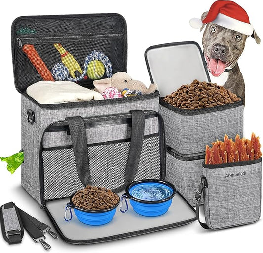 6 Set Dog Travel Bag, Large Pet Travel Kit for Supplies Includes 2 Food Containers, 1 Pet Organizer for Dogs, 2 Collapsible Bowls, 1 Treat Pouch, Dog Weekend Overnight Bag Luggage
