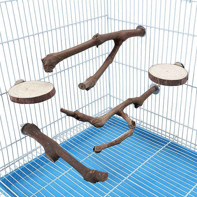 Mogoko 5PCS Bird Perch Natural Wood Grape Stick Stand, 3 Grape Stick Paw Grinding Fork Parakeet Chewing Stick 2 Parrot Stand Branch, Chewing Exercise Branches Bird Cage Accessories