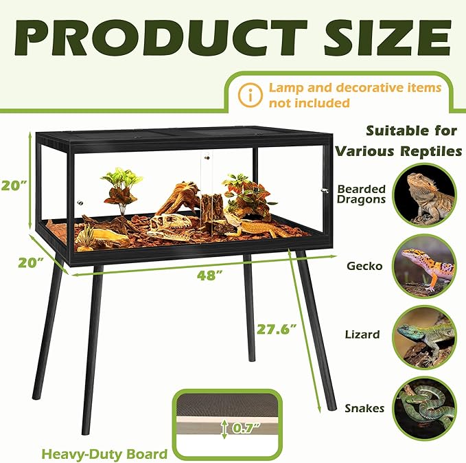 Prolee Bearded Dragon Tank with Leg Stand,Wooden Lizard Tank,Reptile Tank with Metal Mesh Roof Door, Acrylic Panel Snake Tank with Lock Design (Black, 48"x20"x20")