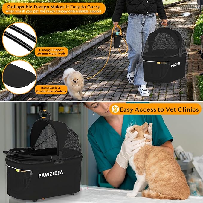PAWZIDEA Pet Stroller 4 in 1, Dog Strollers for Small/Medium Dogs/Cats with Detachable Carrier NO-Zip Canopy, Seatbelt Puppy Car Seat Combo, Foldable & Lightweight Jogger Cat Strollers, Storage Basket