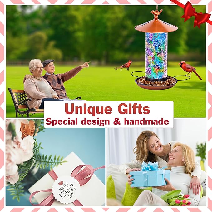 XDW-GIFTS Mosaic Solar Bird Feeder, Waterproof Lantern Shape with Hook & 4 LED Lights, Garden Decor for Lawn, Patio, Balcony, Yard Ornament - Unique Gifts for Mom,Women,Grandma,Bird Lovers