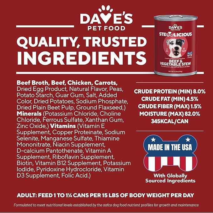 Dave's Pet Food Stewlicious Grain Free Wet Dog Food (Beef & Vegetable in Gravy), Made in USA Naturally Healthy Canned Gluten Free Dog Topper, 13.2 oz (12 Pack)