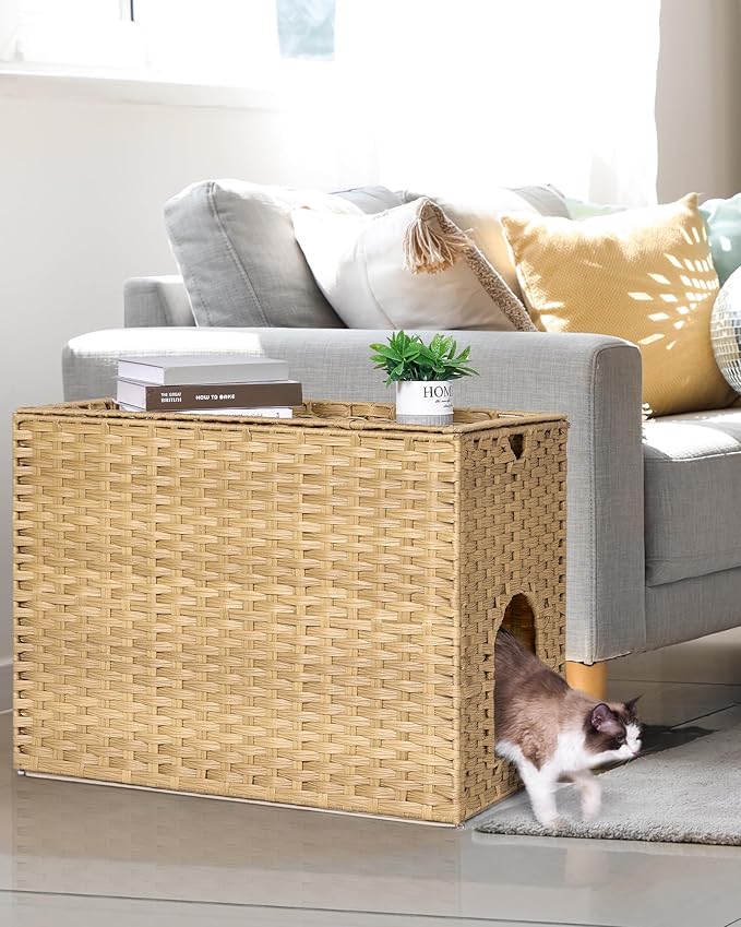 Cat Litter Box Enclosure with Litter Trapping Mat; Handwoven Plastic Rattan Cat House; No Installation Hidden Cat Washroom; Pet Crate for Balcony,Bedroom,Living Room