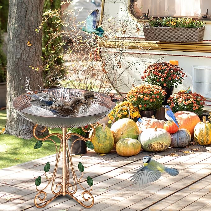 13" Diameter Vintage Metal Bird Bath, Birdbaths with Cast Iron Pedestal, Large Antique Bird Feeder for Outdoors Garden Patio Decor (Copper Lotus)