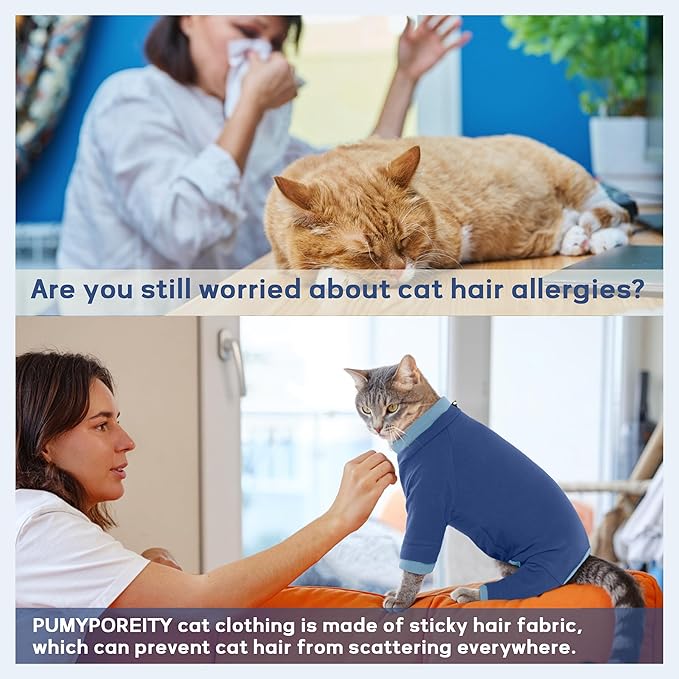 PUMYPOREITY Cat Hair Sticky Shirt – Breathable & Lightweight, Reduces Shedding Fur Pajamas, Prevents Licking Wounds After Surgery, Blue, L