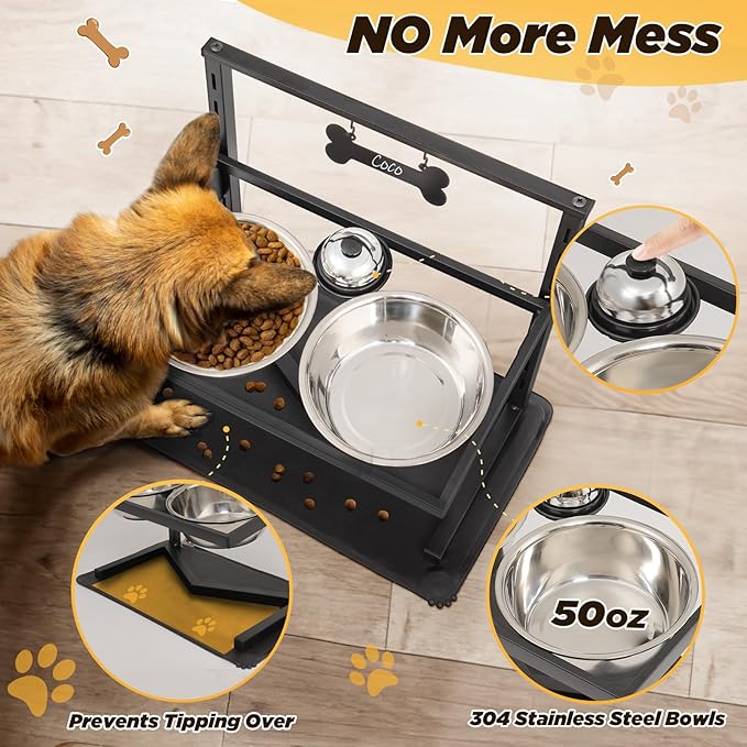 Grand Line Elevated Dog Bowls - 7 Height Adjustable, 10 Tilted Raised Stand With Spill Proof Mat, Two 1.5L Stainless Steel Food Water Bowls for Large Medium Small Dogs (15.4" H)