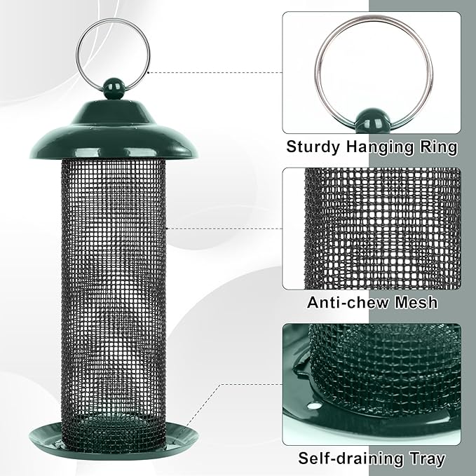 FEED GARDEN 2 Pack Bird Feeders for Outdoors Hanging Finch Feeder for Nyjer Thistle Seed Metal Mesh Tube Feeders Squirrel Proof 0.5 LB Green