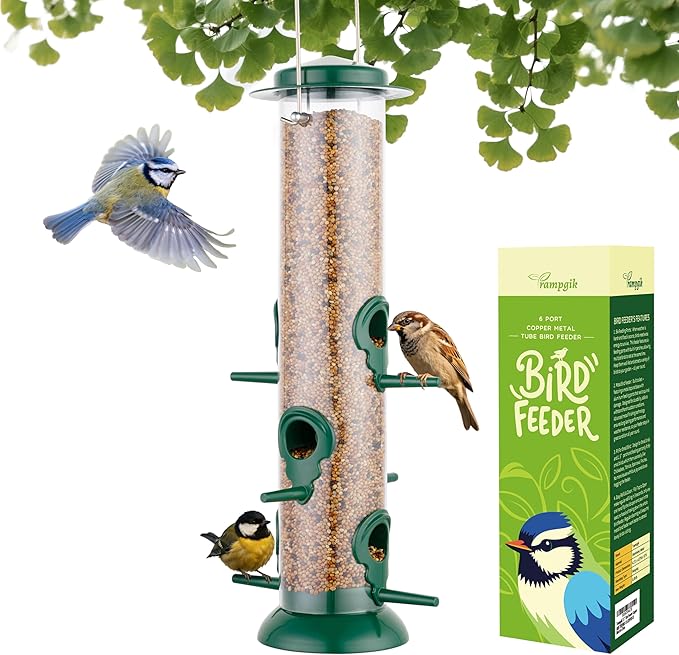 Metal Tube Bird Feeders for Outdoors Hanging,Finch Feeders for Outside,Chew-Proof Hanging Birdfeeder,Squirrel-Proof 6 Ports Bird Feeder 13 Inch,Anti-Rust,Green,1 Pack(Seed is not Included)