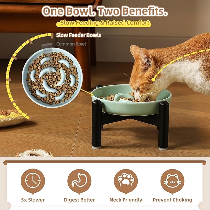 Elevated Slow Feeder Cat Bowl - Ceramic Cat Food Dish with Anti-Slip Stainless Steel Stand - Raised Maze Plate for Slow Eating - Ivory White