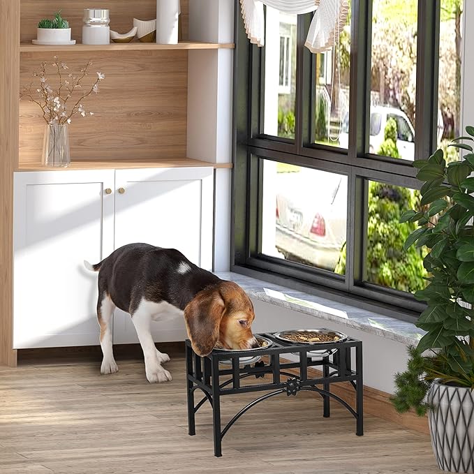 PawHut Elevated Dog Bowls, Double Stainless Steel Heavy Duty Dog Food Bowl Elevated Pet Feeding Station, 10.5" H