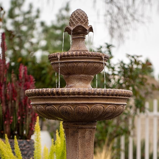 XBrand 39" 2-Tier Outdoor Freestanding Solar Water Fountain – Classic Sand Stone Resin Bird Bath with Pump – Solar Powered Garden Decor for Patio, Yard, Porch, and Lawn