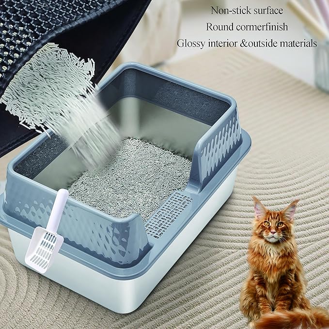 Vealind Stainless Steel Cat Litter Box High Sided Metal Cats Litter Pan Tray Enclosed with Scoop Mats Non-Sticky Anti-Leakage Easy Cleaning Kitty Litter Boxes