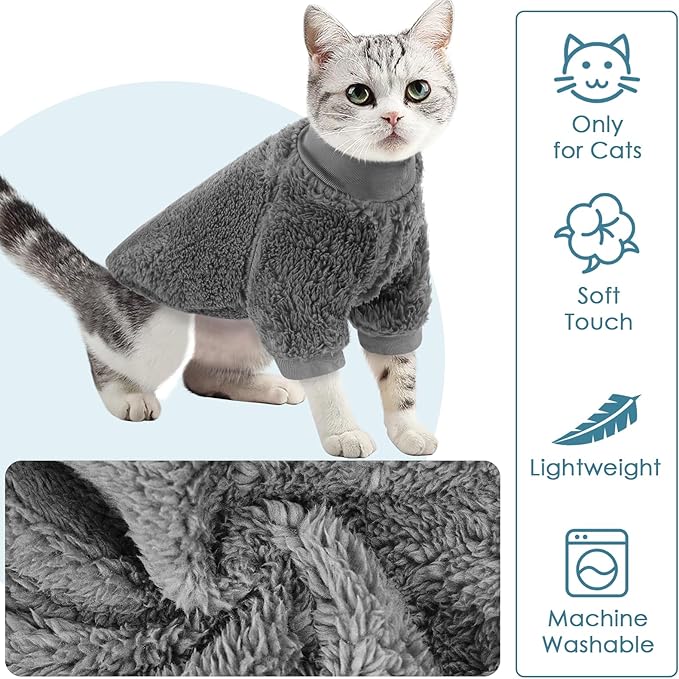 SUNFURA Sphynx Cat Sweater, Hairless Cats Turtleneck Pullover Kitten Sweaters for Cats Only, Warm and Soft Cat Pajamas Shirt with Sleeves Pet Winter Clothes Fleece Jumpsuit for Puppy, Grey M
