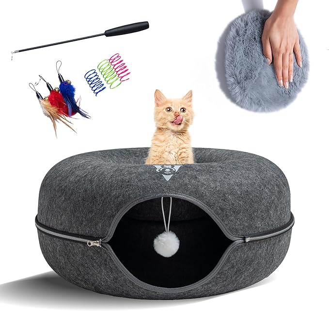Premium Large Size 24 Inch Cat Tunnel Bed - With Upgraded Metal Zipper - Detachable Round Design - Washable - and Scratch Resistant - Includes 3 Toys and Removable Cushion