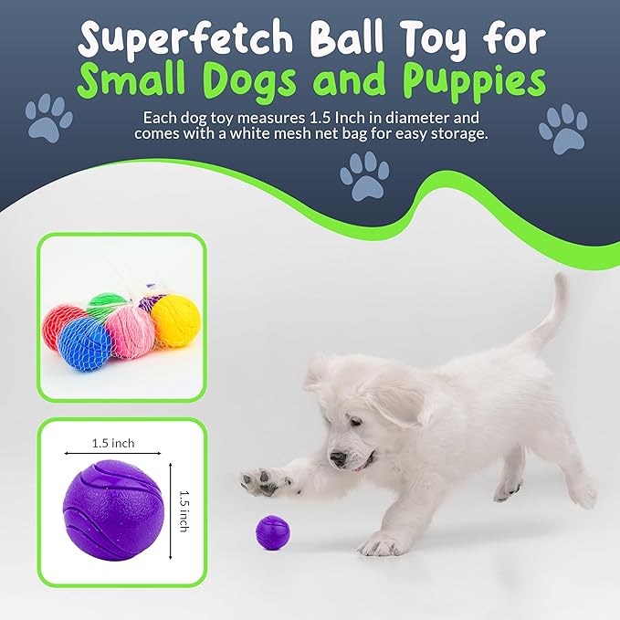 SuperFetch Dog Balls 1.5 Inch - Squeaky Dog Toys for Small Dogs and Puppies - Rubber Balls for Fetch, Training, Teething, Boredom and Solo Play - 6 Pack