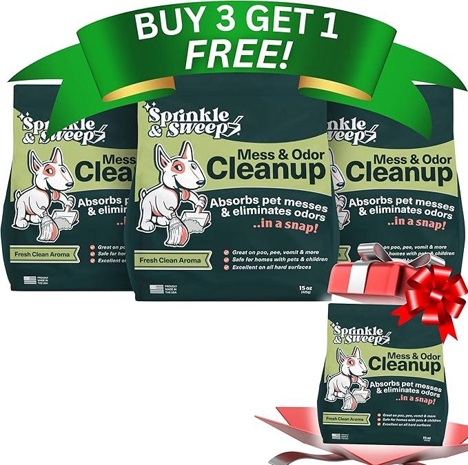 Sprinkle & Sweep Pet Accident Cleanup for all Hard Surface - Non Toxic Quick Pet Mess Cleaner & Odor Remover for Urine, Poop, Vomit, Diarrhea & Potty Training 4 Pack (15oz Each)