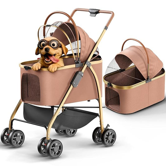 Pet Stroller for Small Medium Dogs & Cats – 2-in-1 Detachable Carrier, Zipperless Entry, Lightweight Folding Travel Stroller with Storage Basket, Cup Holder, Brown