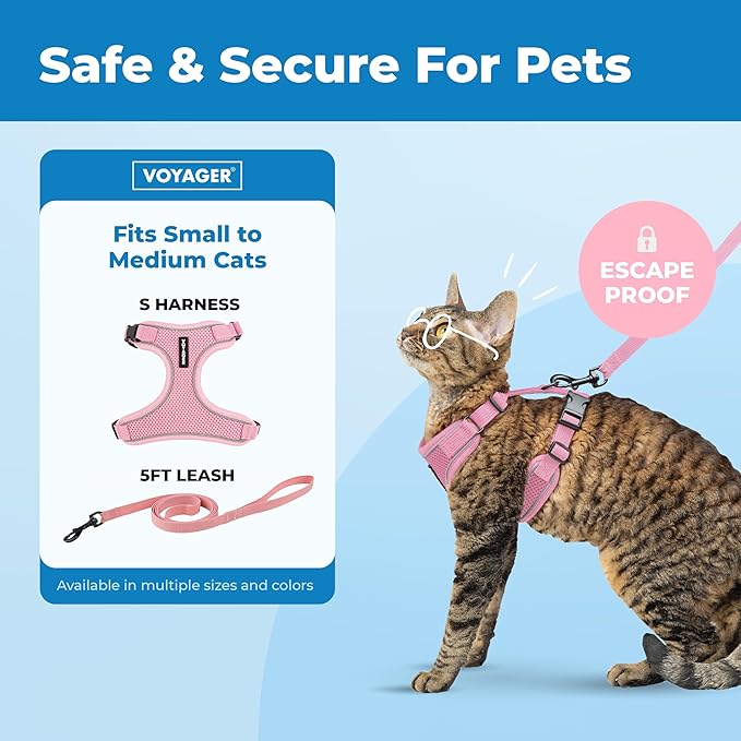 Voyager Escape Proof Cat Harness and Leash Set with Reflective Stitching, Neoprene Handle 5ft - Supports Small, Medium and Large Cats, Kittens for Walking by Best Pet Supplies - Pink, S