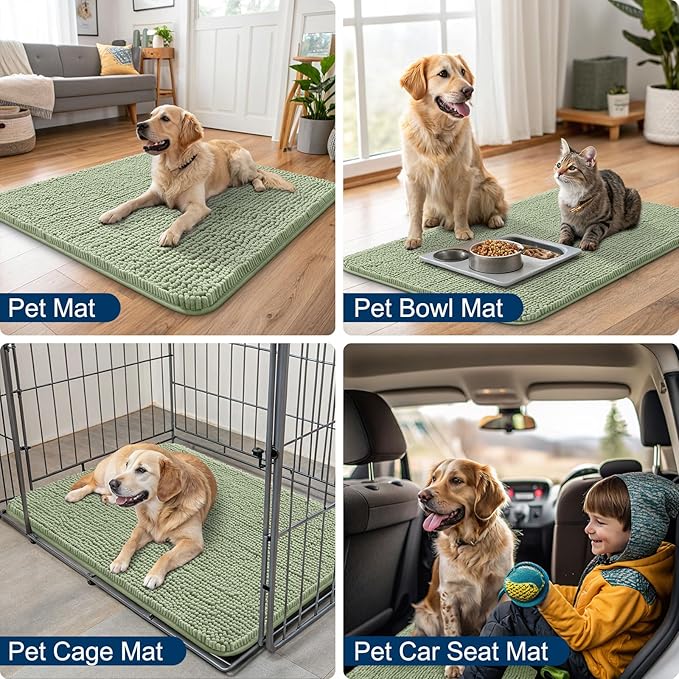 Smiry Dog Door Mat for Muddy Paws 30x20, Absorbs Moisture and Dirt Doormat, Non-Slip Washable Quick Dry Chenille Front Door Mat Indoor Entrance, Entryway Carpet for Inside Floor, Sage Green