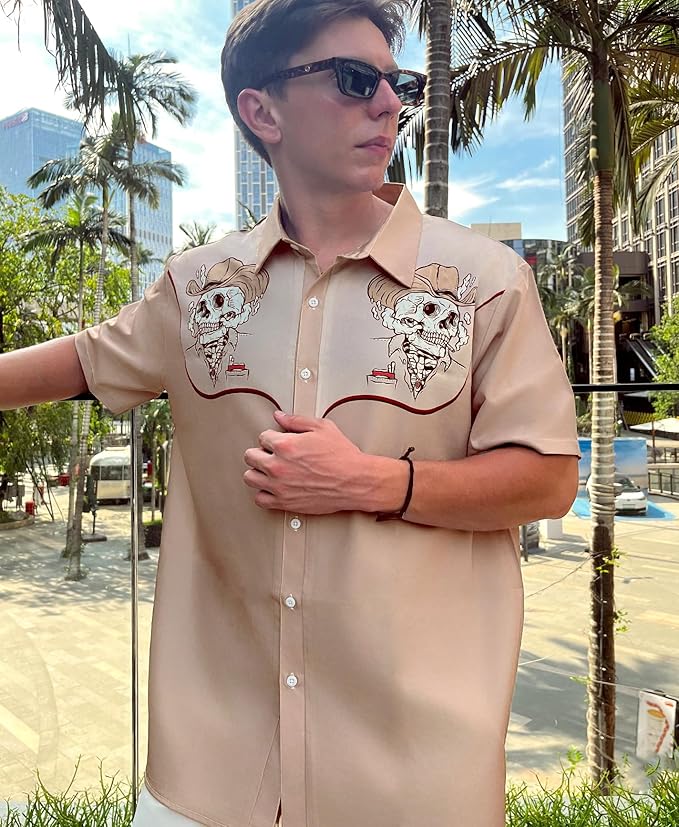 Men’s Hawaiian Shirt Western Cowboy Symmetrical Print Short Sleeve Button Down Casual Beach Holiday Summer Shirt