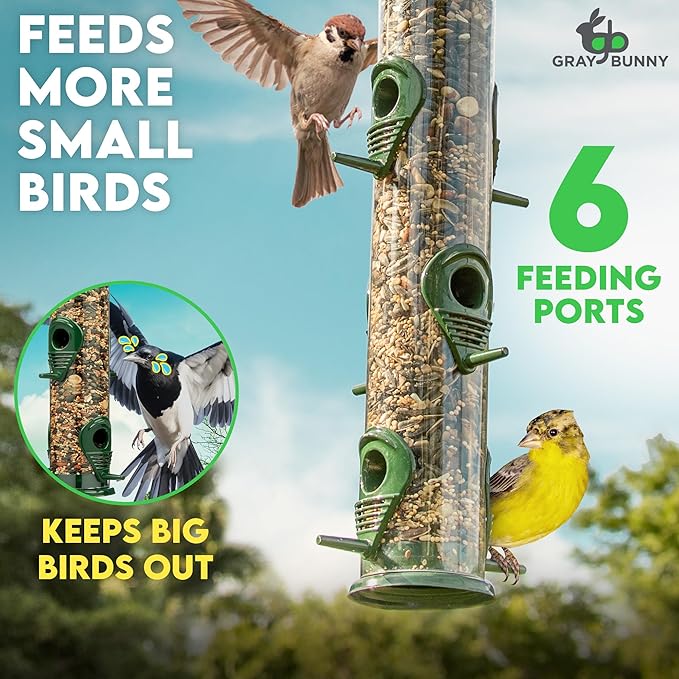 Bird Feeders for Outdoors (Green) Squirrel Proof Hanging Bird Feeder with Locking Lid & Adjustable Hanger, Chew-Proof, Weather Resistant 15 Inches 6 Port