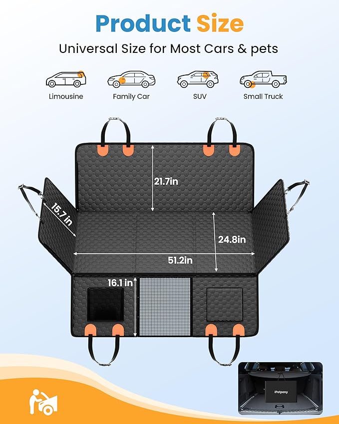 Dog Car Seat Cover for Back Seat, Hard Bottom Back Seat Extender for Dogs, Waterproof Dog Hammock for Truck Support to 400lbs, Car Seat Protector for Cars, Trucks, SUV, Jeep