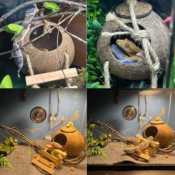Crested Gecko Tank Accessories,Gecko Coconut Hut Hideout with Ladder Reptile Hammock Lizards Hanging Plants Flexible Climbing Jungle Vine Leaves Terrarium Decor