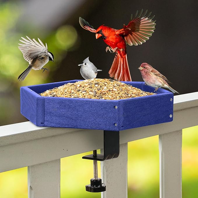 Kingsyard Clamp-On Deck Bird Feeder 11in Hexagon, Adjustable Balcony Railing Clamp 2.2in No-Drill, Recycled Plastic Seed Tray Metal Mesh Drainage Easy-Clean 3 lb,Blue
