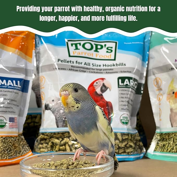 TOP's Parrot Food Bird Pellets for Small Hookbills - Non-GMO, Peanut Soy & Corn Free, USDA Organic Certified (10lbs)
