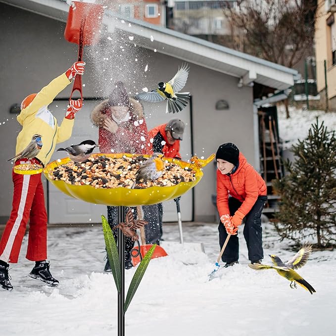 Metal Bird Bath for Outside, Detachable Birdbath Sturdy 5-Prong Stake Base with Bowl & Decorative Birds, Durable Iron Garden Birdbath & Feeder for Patio Wildlife Décor (Retro Yellow)