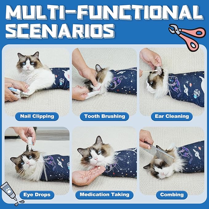 Supet Cat Grooming Wrap for Cutting Nails, 2025 Self-Adherent Cat Wrap, Anti-Escape Calming Cat Swaddle Wrap for Medicine, Nail Clipping, Teeth Brushing, Ear Cleaning (Space, XL)