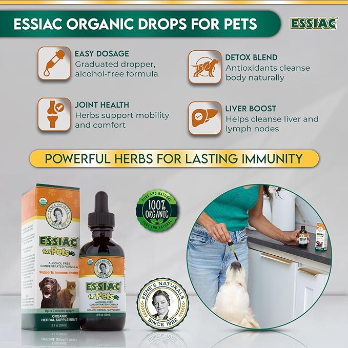 Essiac for Pets | USDA Organic | Daily Drops for Immune Support and Longevity | Pre-Measured Dropper | Alcohol Free Concentrated Formula | 2oz (59ml)