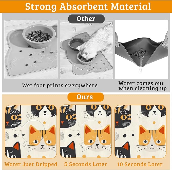 Cats Dog Cat Food Mat,Absorbent Waterproof Placemat for Food and Water Non Slip Rubber Backing Durable Feeding Pad for Clean Floors 12" x 20"