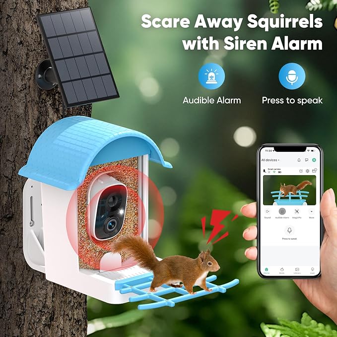 Smart Bird Feeder with Camera, Bird Feeders for Outdoors with Solar Panel, 2K HD Live View, AI Identify, Auto Capture, Instant Notifications, 2.4GHz, IP65 Waterproof, Ideal Gifts for BirdLovers, Blue