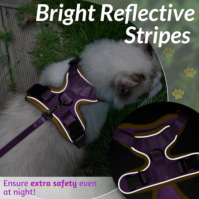 rabbitgoo Cat Harness and Leash for Walking, Escape Proof Soft Adjustable Vest Harnesses for Cats, Easy Control Breathable Reflective Strips Jacket, Purple&Yellow,S