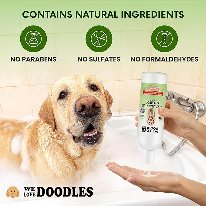 We Love Doodles Flea Shampoo for Dogs - Stops Fleas & Ticks for Dogs, Natural, Safe & Effective Lice Treatment, Soothing Shampoo for Sensitive Skin, Made in USA, 16 oz