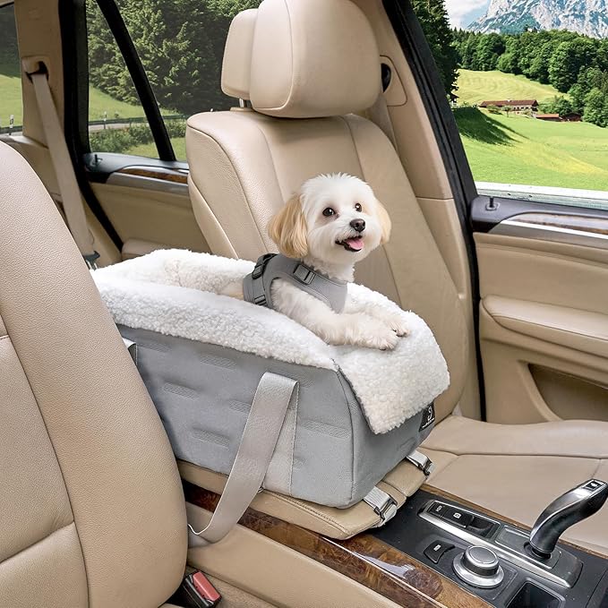 A 4 Pet Center Console Dog Car Seat for Small Dogs Cats, Booster Seat for Puppy with Safety Tethers, Pet Car Seat with Safe Protective Hooks,Washable Cushion - Portable Carrier for Pets Up to 8 Lbs