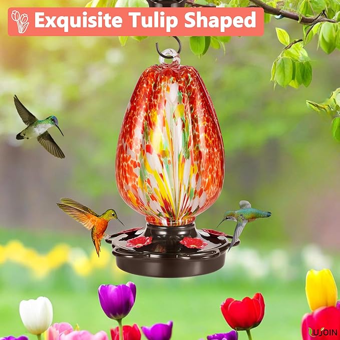 Tulip Shaped Hummingbird Feeder for Outdoors Hanging, Hand Blown Glass, 28 fl.oz, Leak Proof & Rustproof, Includes an Ant Moat, Metal Cover with 5 Feeding Ports, Red