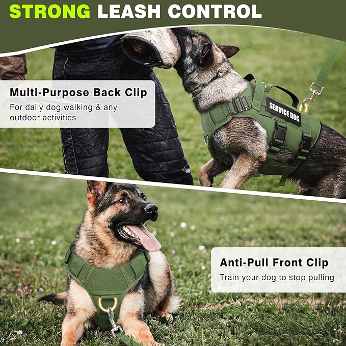 WINSEE Tactical Dog Harness with Dog Leash, Service Working MOLLE Vest with 10 Pet Patches for Dog, No Pull Military Harness and Backpack for Training Hunting Walking