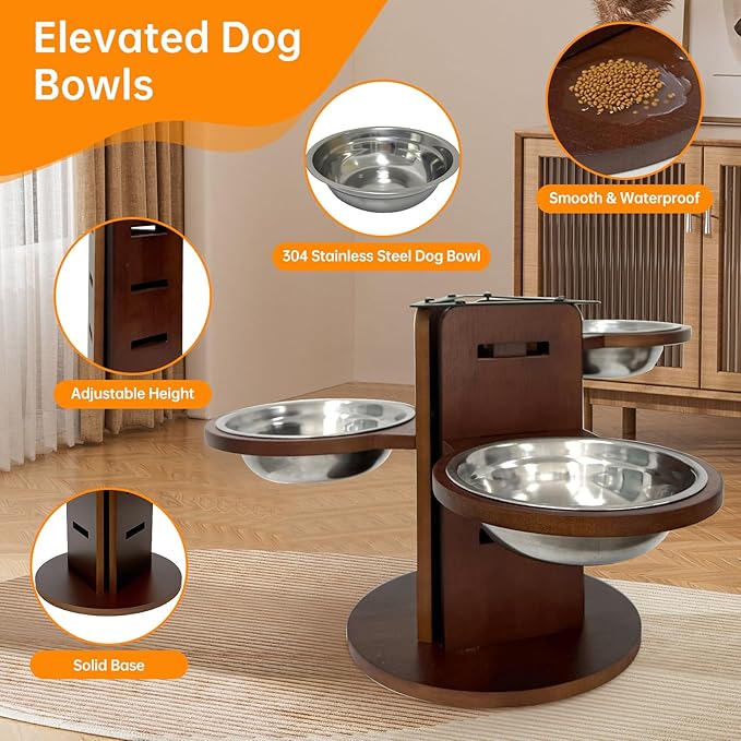 Adjustable 3-in-1 Elevated Dog Bowls, Bamboo Dog Bowl Stand (3.6"/6.3"/9.2") with 3 Stainless Steel Bowls, 3 Heights Adjustable Pet Feeding Station for Cats/Small/Medium/Large Dogs